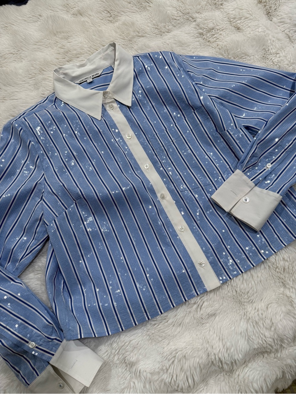 Veronica Beard Sequin-Accent Button-Up Shirt with White Trim